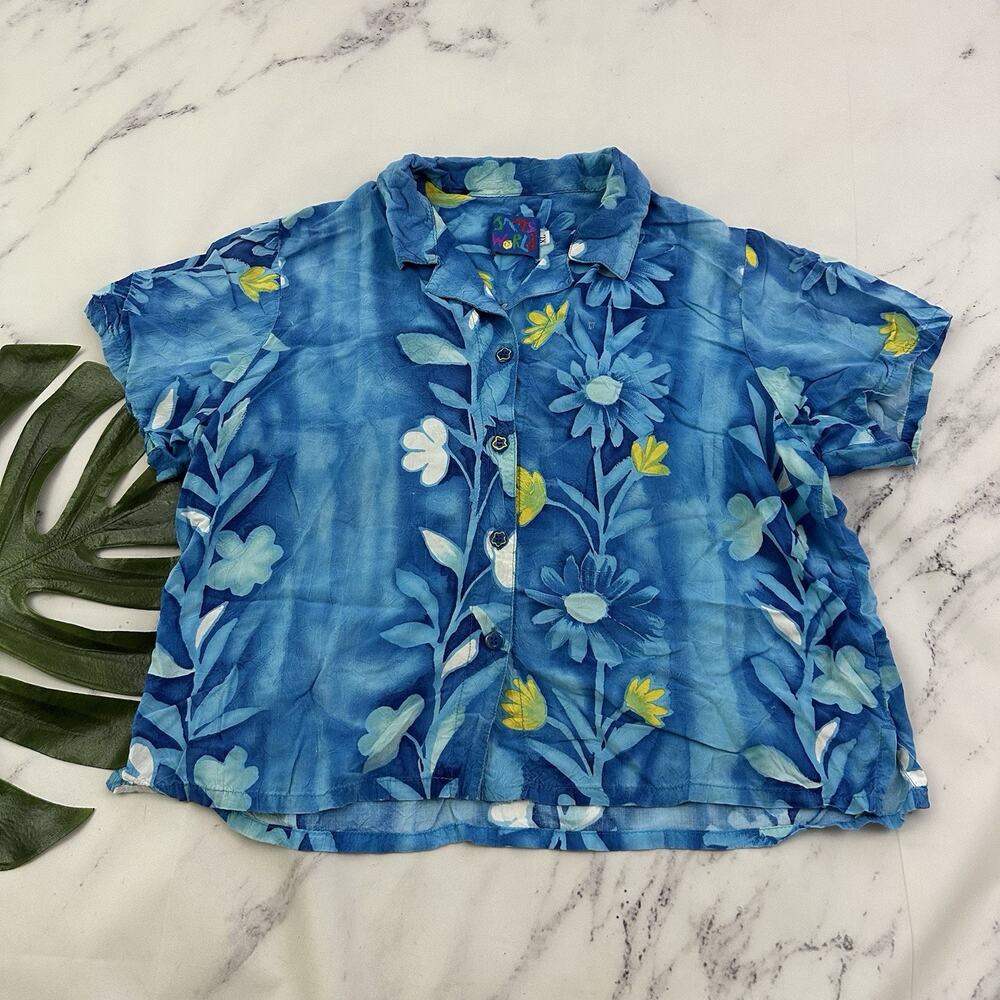 Jams World Womens Vintage 90s Cropped Top Size XL Blue Yellow Daisy Flowers
